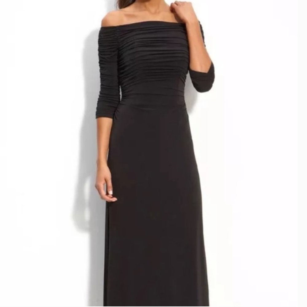 LAUNDRY SHELLI SEGAL BLACK Off Shoulder Ruched 3/4 Sleeve Maxi Gown Stretch 2